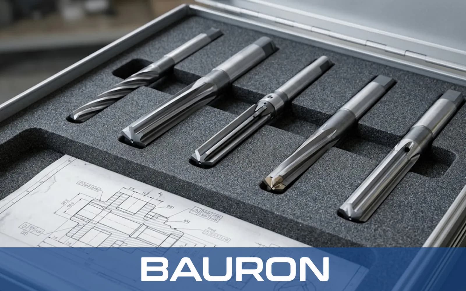 Jeu d'alésoirs dans un coffret garni de mousse au-dessus d'un dessin technique
