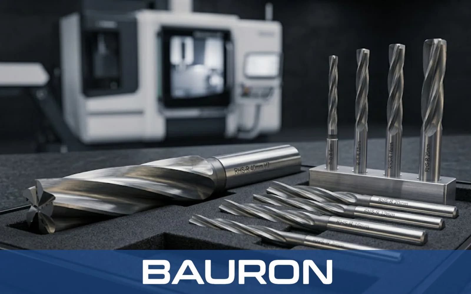 Jeu d'alésoirs hélicoïdaux à droite dans un coffret devant une machine CNC