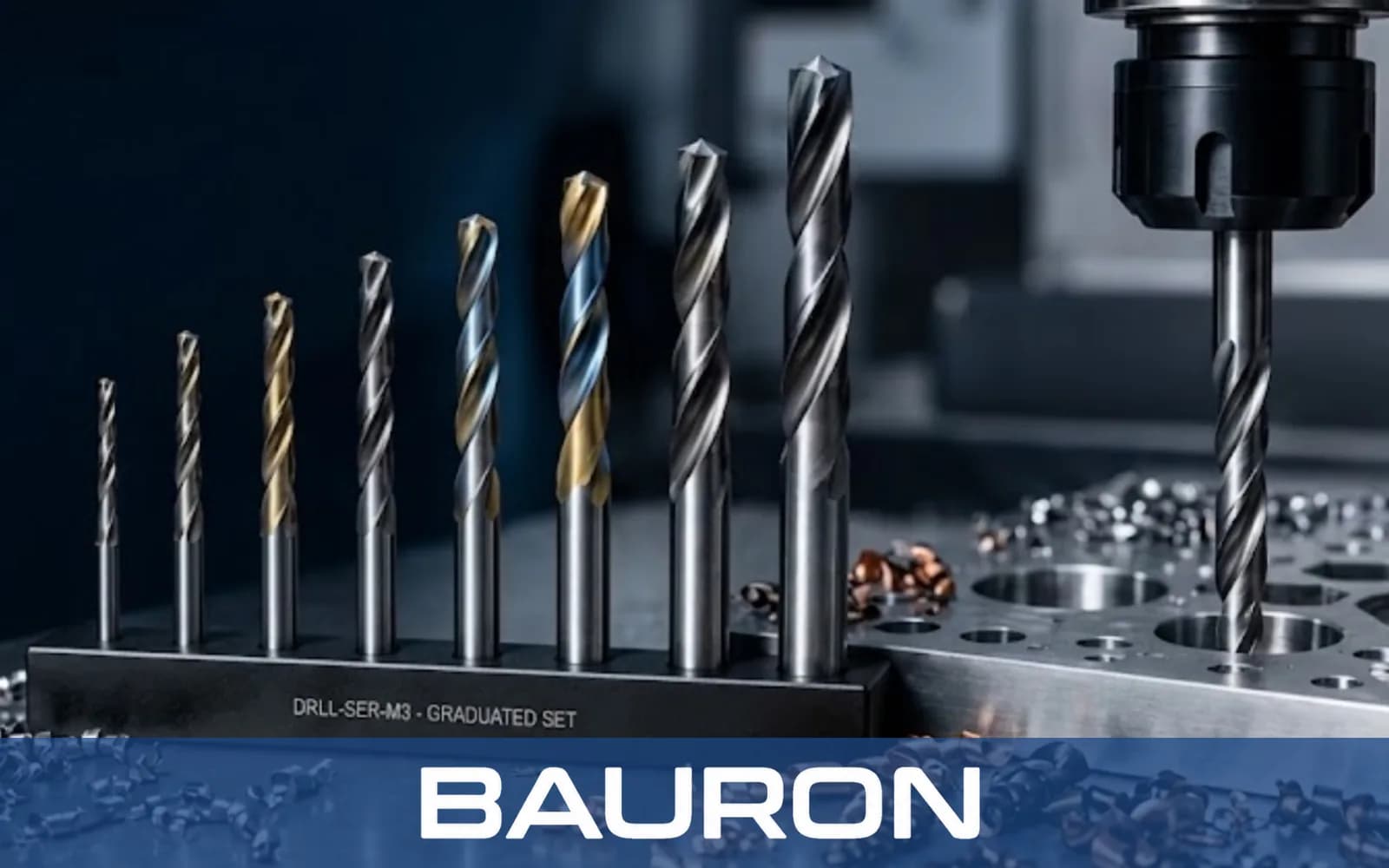 Jeu de forets de tailles progressives à côté d'une broche CNC perçant une plaque d'aluminium