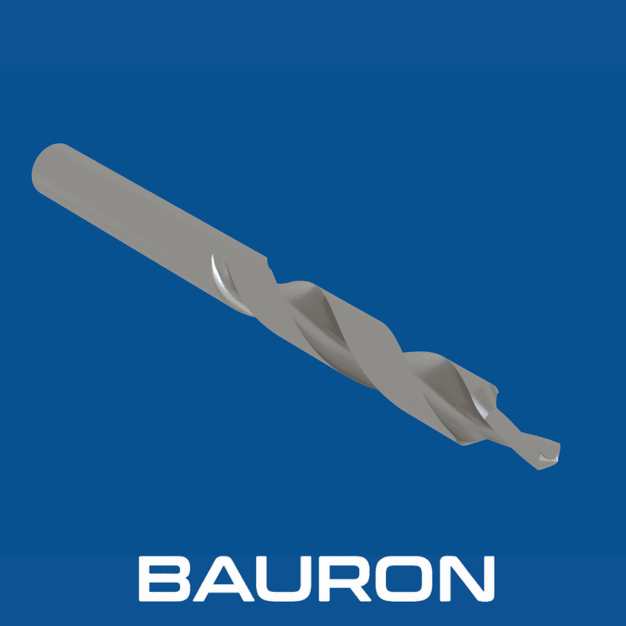 Outil combiné de perçage-chanfreinage Bauron vu en angle avec un corps à goujures hélicoïdales et une pointe pilote